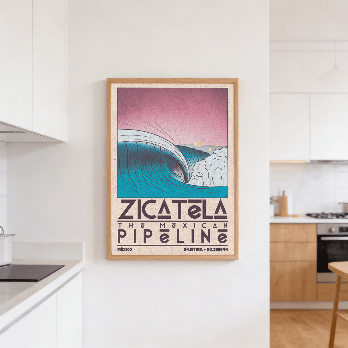Mexican Beach Art print of a vintage ocean wave illustration with pink sky in a kitchen