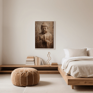 Print on a wall of a praying hands buddha statue in brown tones above wavy bookends in a bedroom