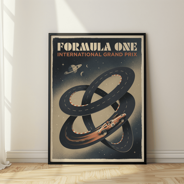 Shown as retro motorsport print with headline text and planets
