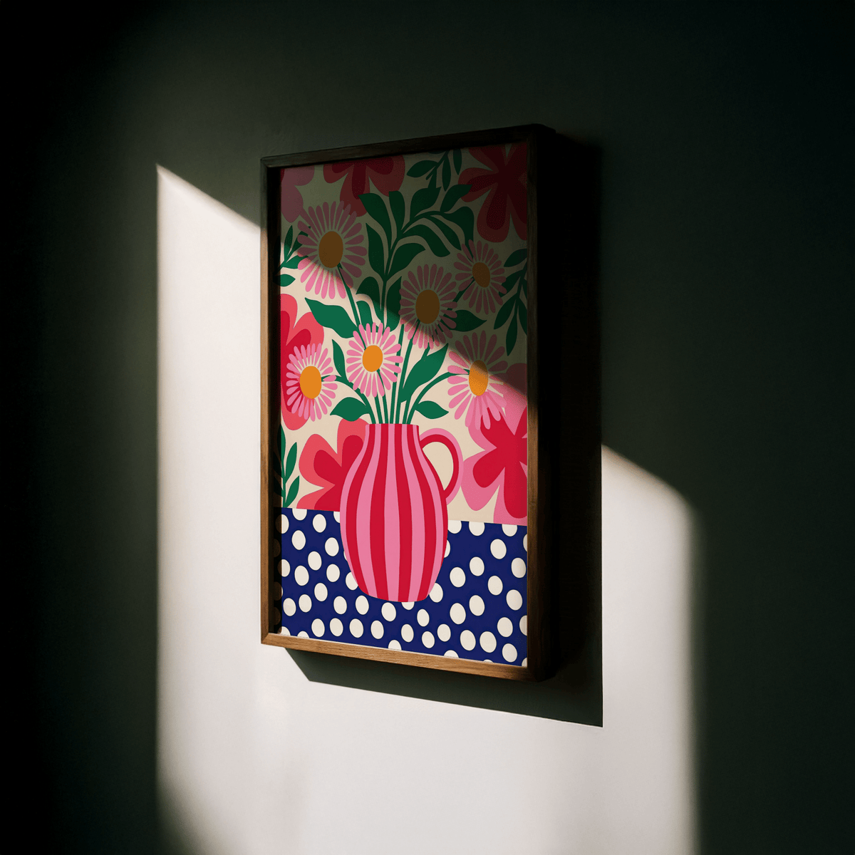 Colorful Flower Art Print framed close-up with pink daisies and striped vase in dark shadowed setting
