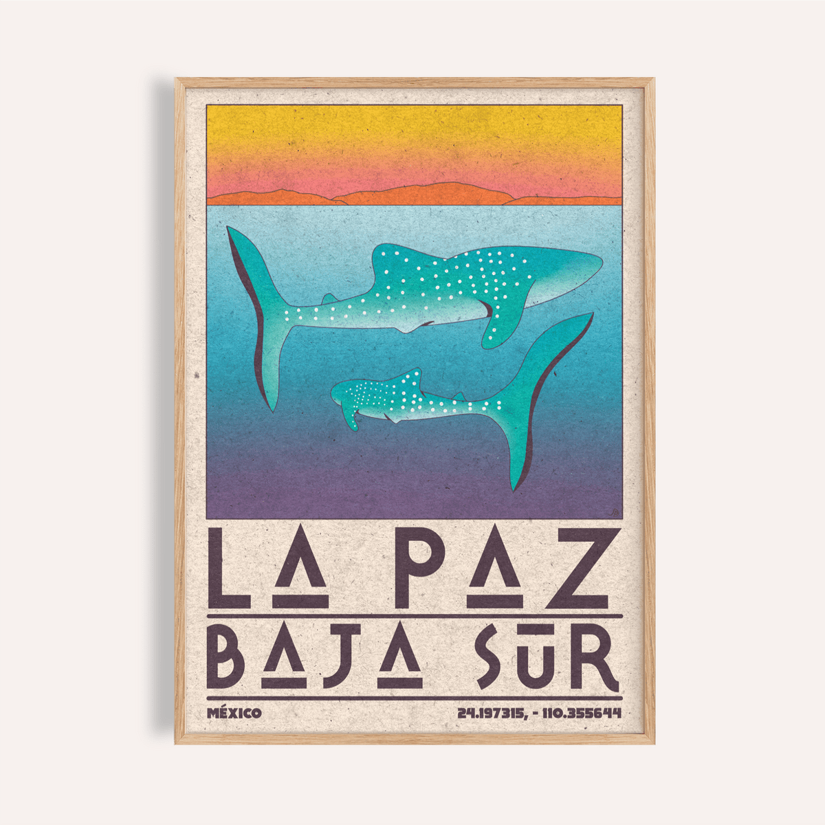 Framed La Paz Mexico Poster with whale sharks in blue and purple shades and a yellow sunset