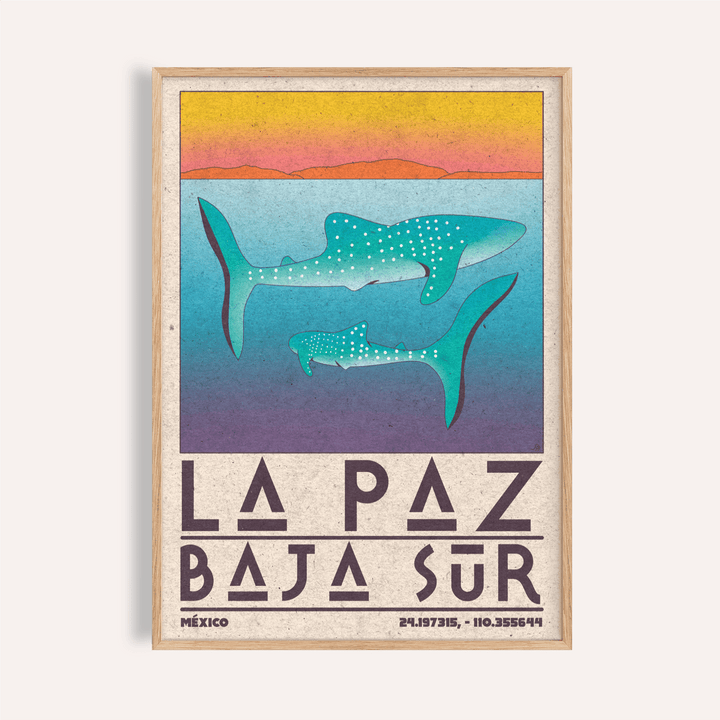 Framed La Paz Mexico Poster with whale sharks in blue and purple shades and a yellow sunset