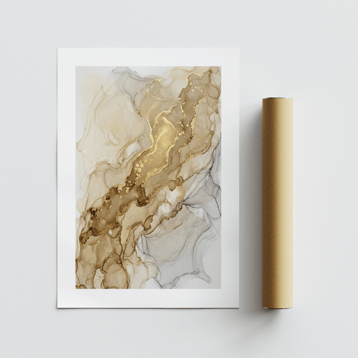 Abstract gold art print with liquid gold swirls in beige and grey alongside a brown packaging tube