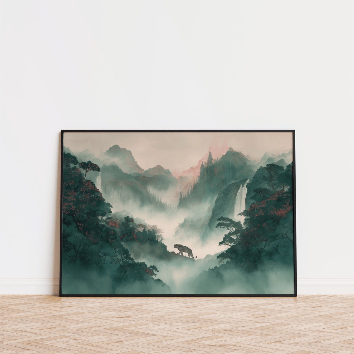 Tiger Landscape wall art showing a tiger silhouette in a misty green and pink mountainous landscape leaning on a wooden floor