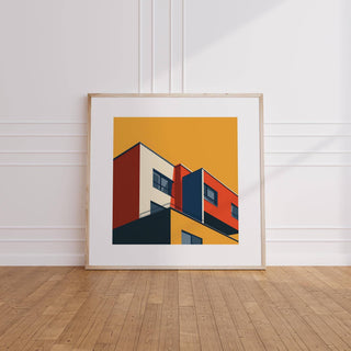 Bauhaus Architecture Print leaning on a wooden floor with white skirting and panelled wall