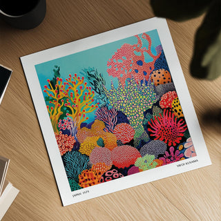 Tropical Sea wall art flat on a wood table showing a colourful coral reef scene with abstract shapes