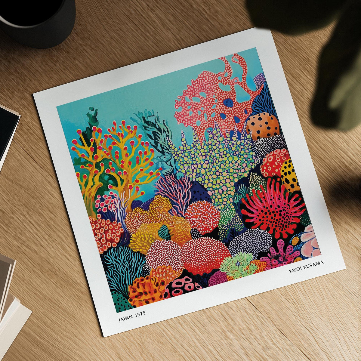 Tropical Sea wall art flat on a wood table showing a colourful coral reef scene with abstract shapes
