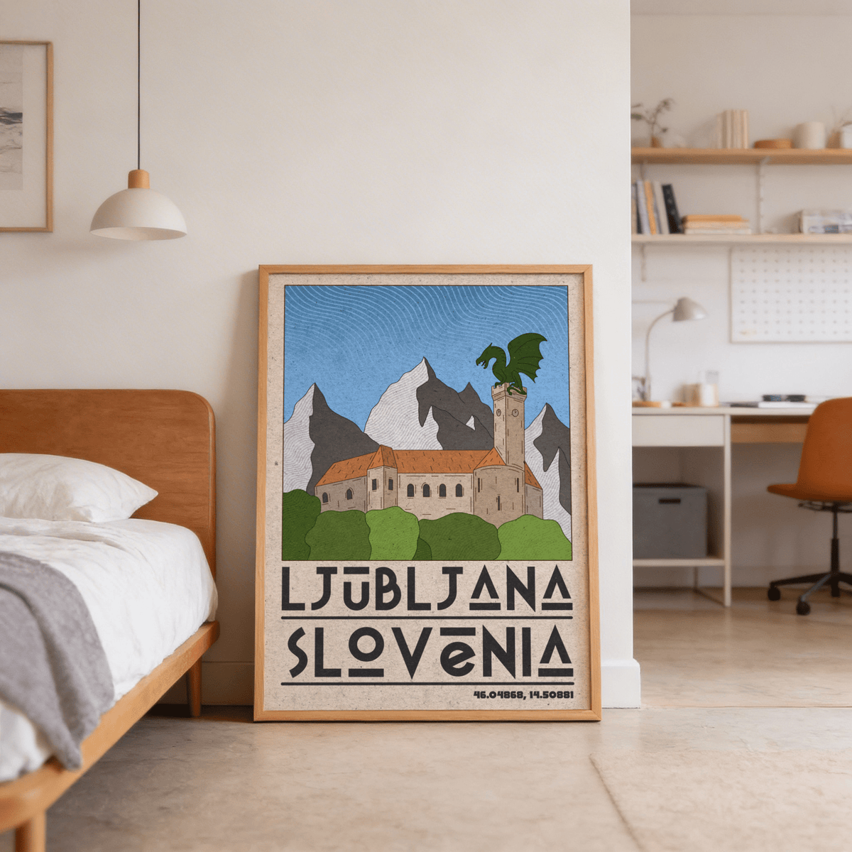 Print leaning on floor showing Ljubljana Slovenia art print with dragon on castle tower in natural colours in bedroom