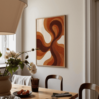 Organic Line Poster print on a wall with flowing brown and orange lines in a dining room with a table and flowers