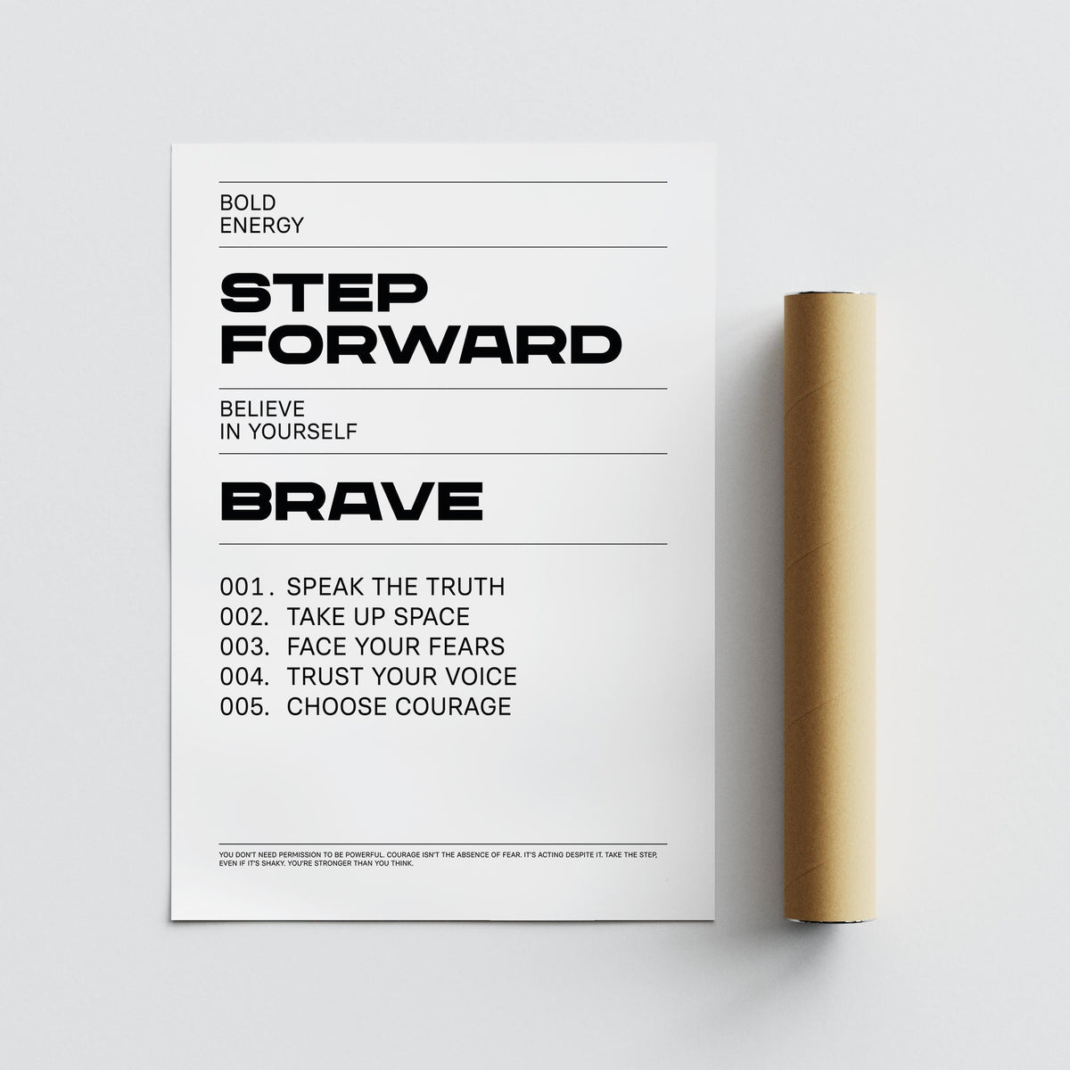 Inspirational Quotes Artwork flat print with motivational text in black on white and a brown packaging tube