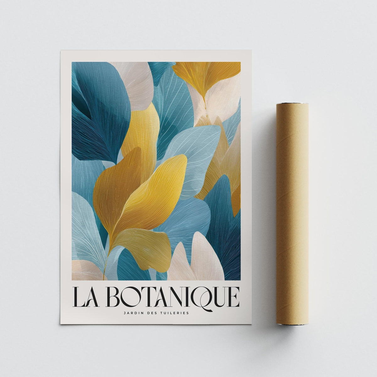 Luxurious Wall Art print of blue and gold botanical leaves shown alongside a packaging tube
