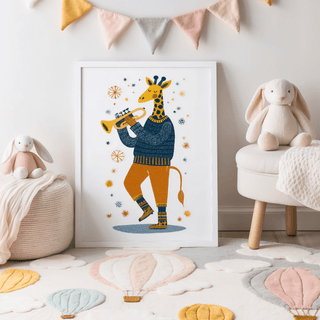 Print leaning on a floor with giraffe playing trumpet in blue and orange amidst stars in a child's room