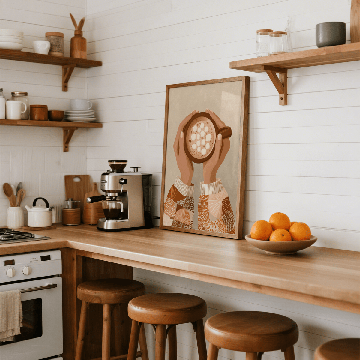 Cute coffee art print leaning on a kitchen worktop with a bowl of oranges nearby