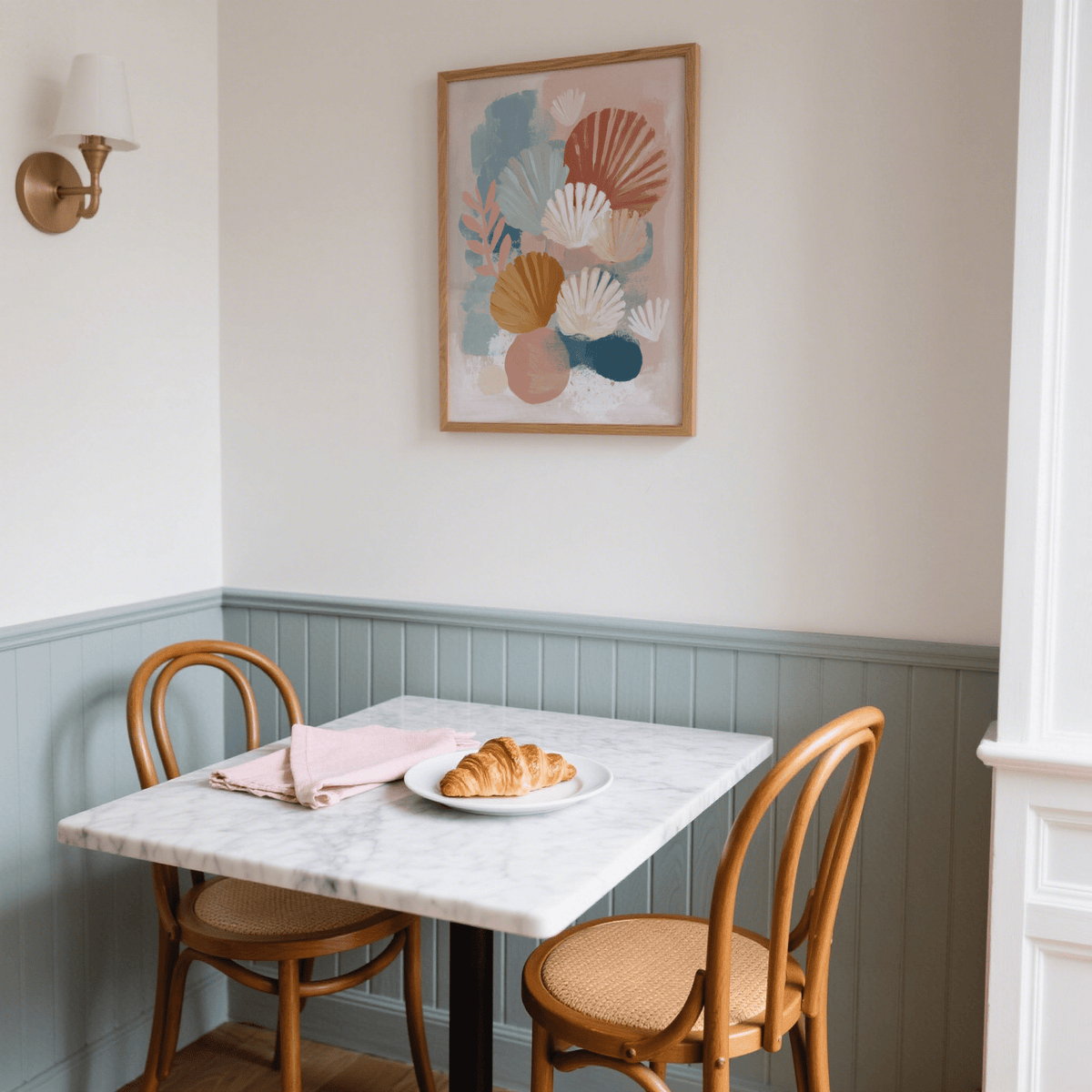 Abstract botanical print on a wall above a dining table with wooden chairs in a room