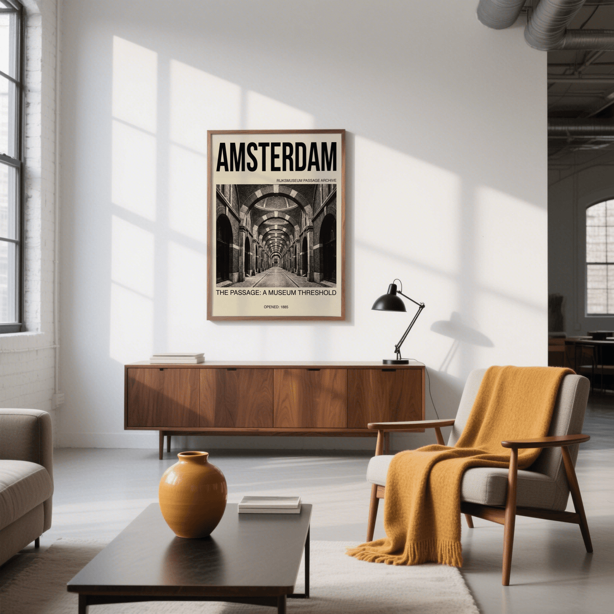 Amsterdam Passage wall art in black white and beige above a mid century sideboard in a bright room