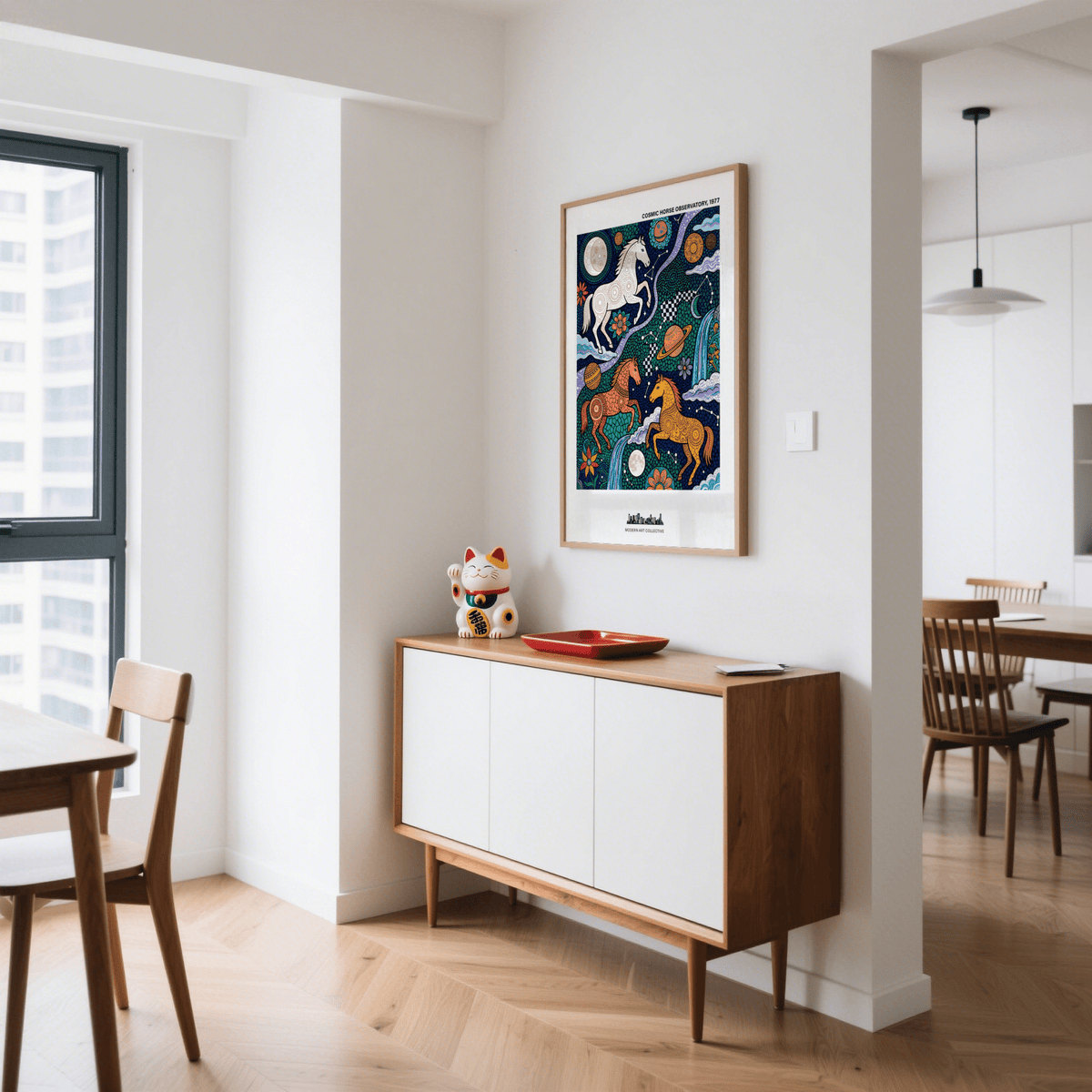 Cosmic Horse Art Print leaning above a mid-century sideboard with a Maneki-neko figure in a bright room