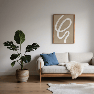 Abstract Painting Minimalist print with white curved line on brown background above sofa with blue cushion and plant