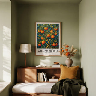 Orange Tree wall art with bright orange fruit and green leaves above a wooden sideboard with lamp and cushion
