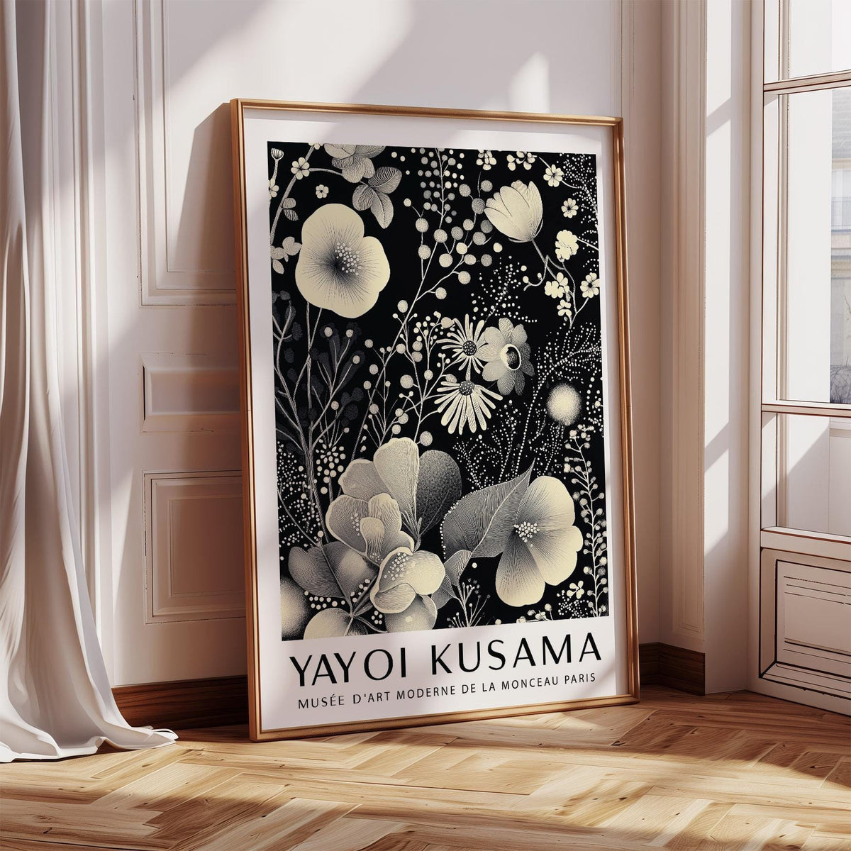 Large Floral Wall Art print leaning on wood floor with soft shadows in light room