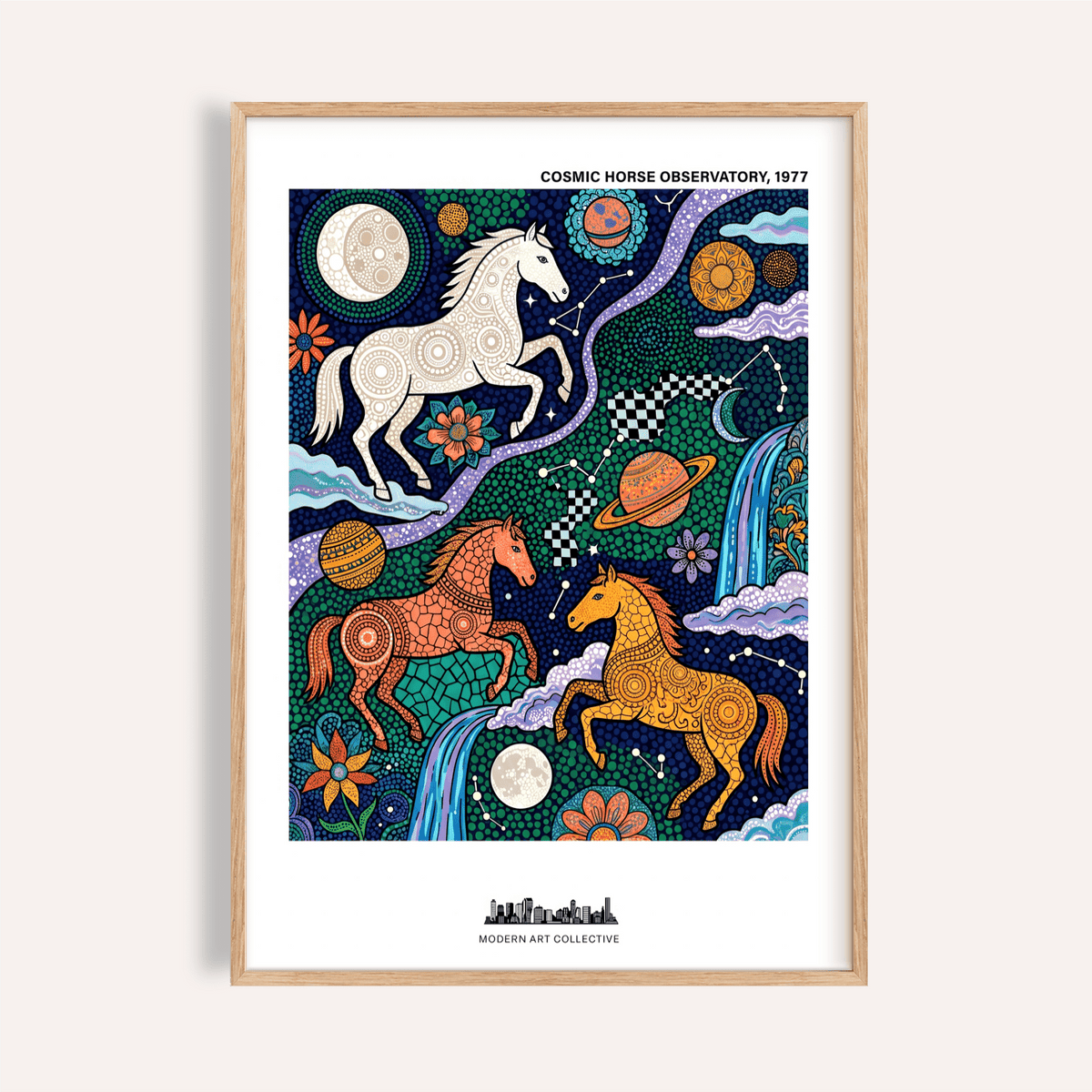 Framed Cosmic Horse Art Print with decorative galloping horses in blue and orange tones