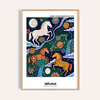 Framed Cosmic Horse Art Print with decorative galloping horses in blue and orange tones