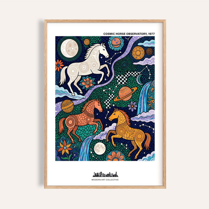 Framed Cosmic Horse Art Print with decorative galloping horses in blue and orange tones