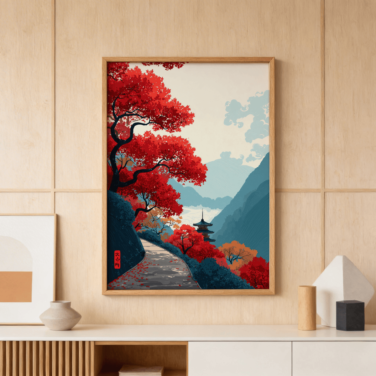Zen Mountain Poster print with red maple tree and mountain path above a shelf with vases