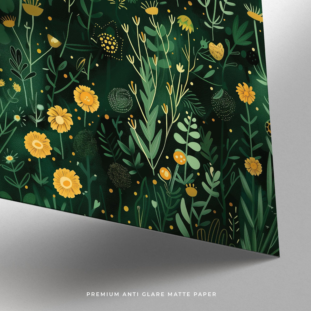 Close-up of green decor print with yellow flowers and detailed green foliage on matte paper