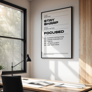 Office Posters Motivational framed print with black text and lines above a desk with a lamp in an office