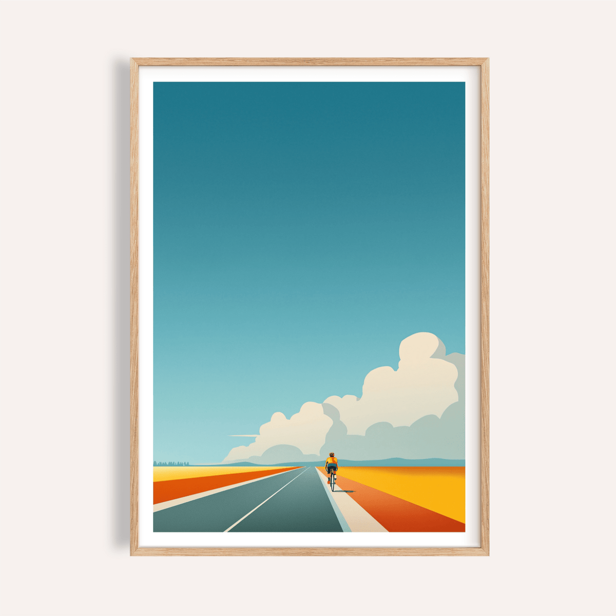 Framed print close-up of Bicycle Journey wall art showing cyclist on blue and orange road with blue sky