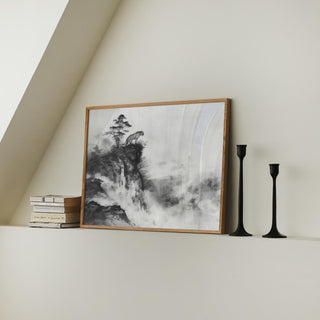 Framed Asian Tiger Art print of a tiger on a cliff with mist in monochrome ink leaning on a white shelf next to candlesticks