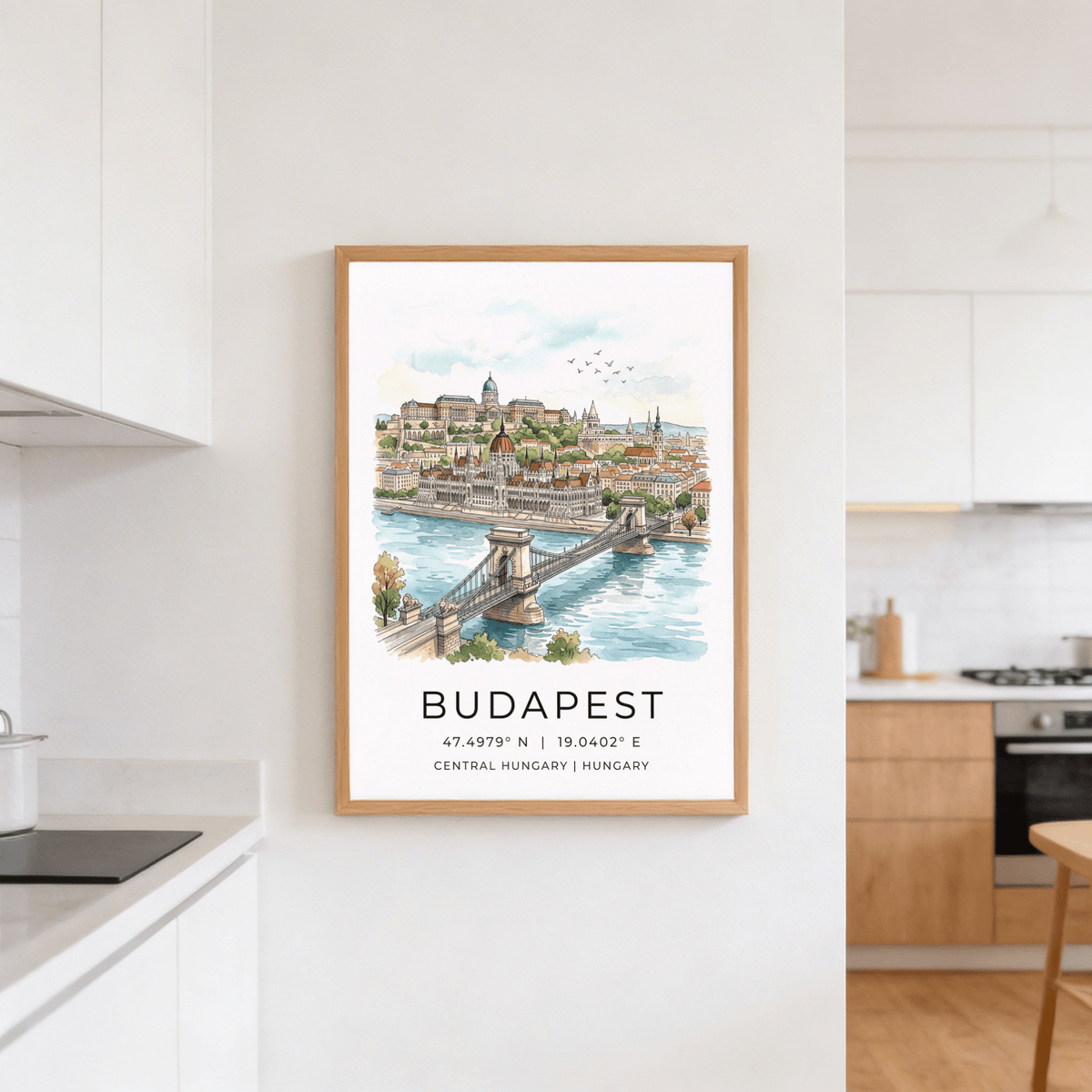 Budapest Cityscape wall art in a kitchen featuring a watercolour illustration of the chain bridge and skyline