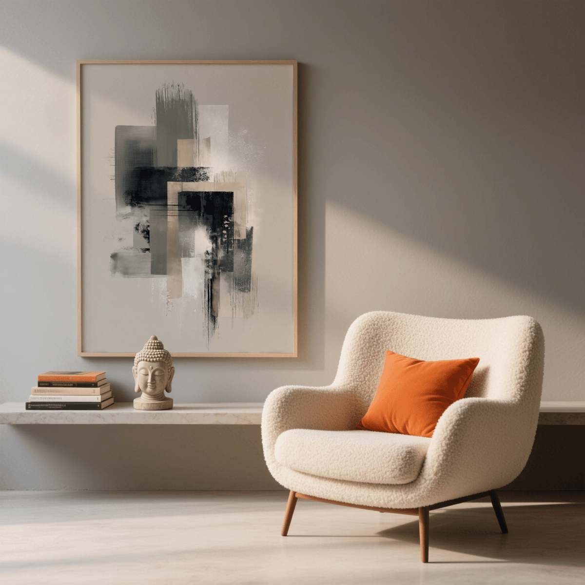 Modern Abstract Poster in neutral tones hanging above a shelf with a Buddha head sculpture and books in a lounge