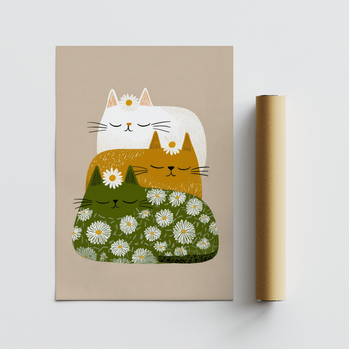 Sleeping Cats Art Print with daisies showing the minimalist trio of cats next to a packaging tube
