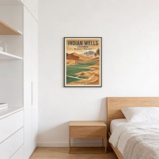 Vintage Tennis Poster on a bedroom wall with a wooden bedside table in a vintage desert illustration style