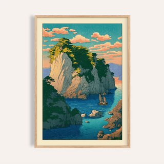 Framed print of Hasui Kawase Coastal Print showing a rocky island and boat in blue and green tones