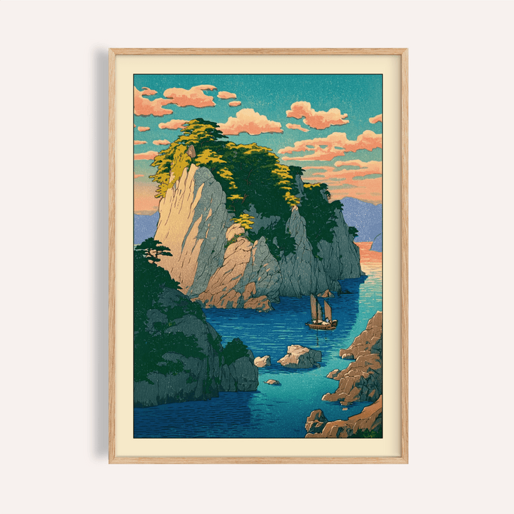 Framed print of Hasui Kawase Coastal Print showing a rocky island and boat in blue and green tones