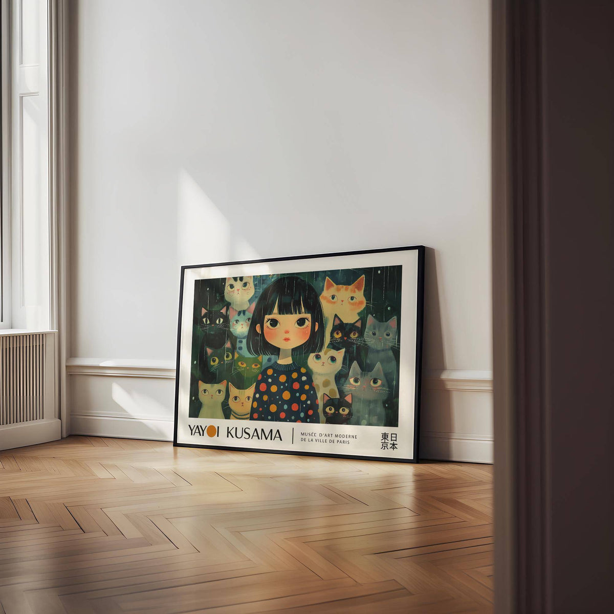 Unique wall art of a girl with cats in dark colours leaning on a wooden floor near window light