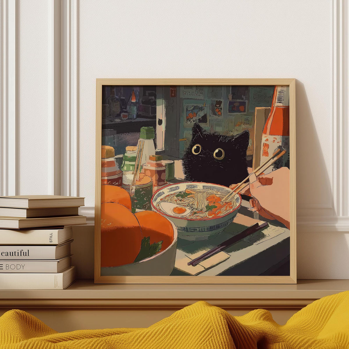 Framed ramen wall art of a black cat with a bowl of ramen on a shelf with books nearby