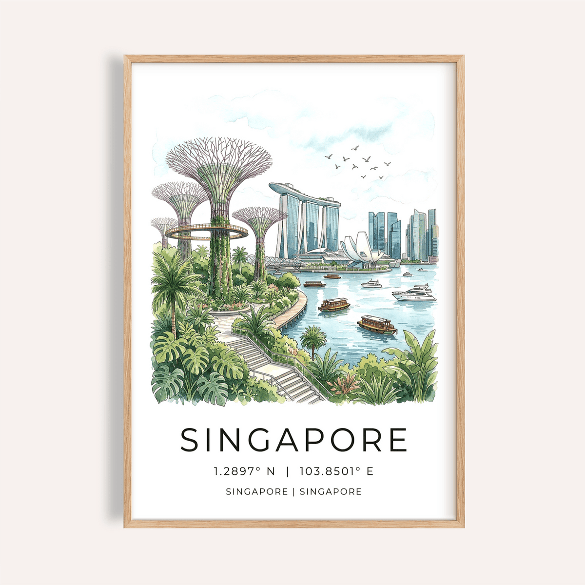 Framed Singapore City Landscape Art with blue watercolour and green Supertree Grove