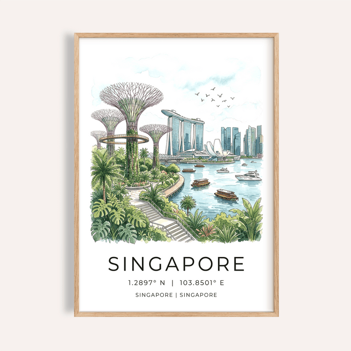 Framed Singapore City Landscape Art with blue watercolour and green Supertree Grove