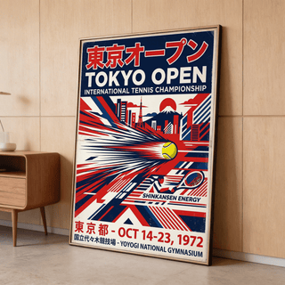 Print leaning on a wooden floor showing Tokyo Open Tennis Print with a tennis ball and retro style cityscape next to a side table