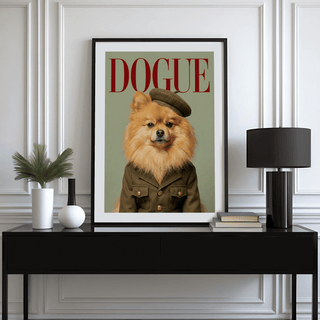 Framed print of Pomeranian wall art in a soldier outfit with green background and red text on a black table