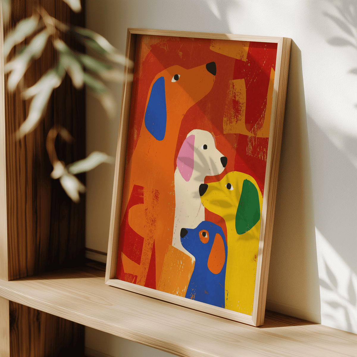 Colourful dog print leaning on a wooden shelf with sunlight and leaves