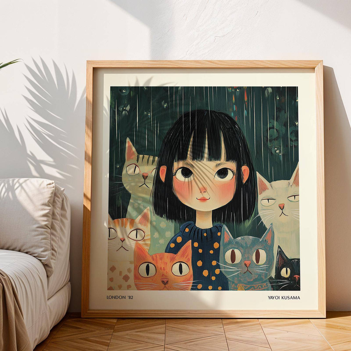 Framed Japanese Paintings print of a girl with cats and raindrop pattern leaning on floor beside a beige sofa