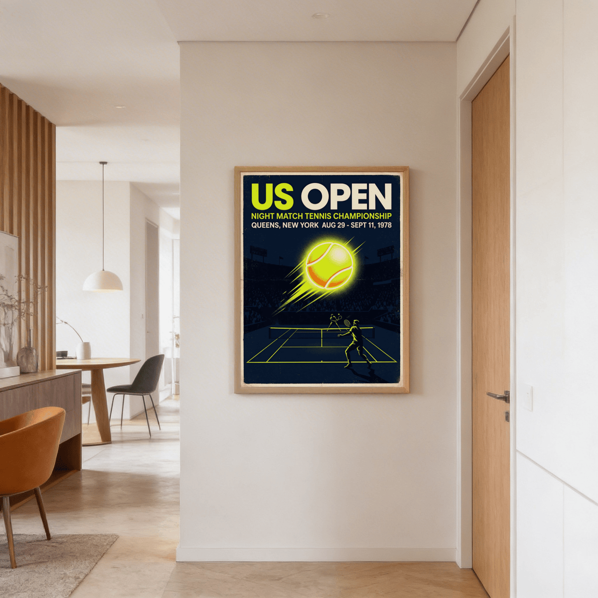 New York Tennis Championship Poster print with glowing yellow tennis ball in a modern hall
