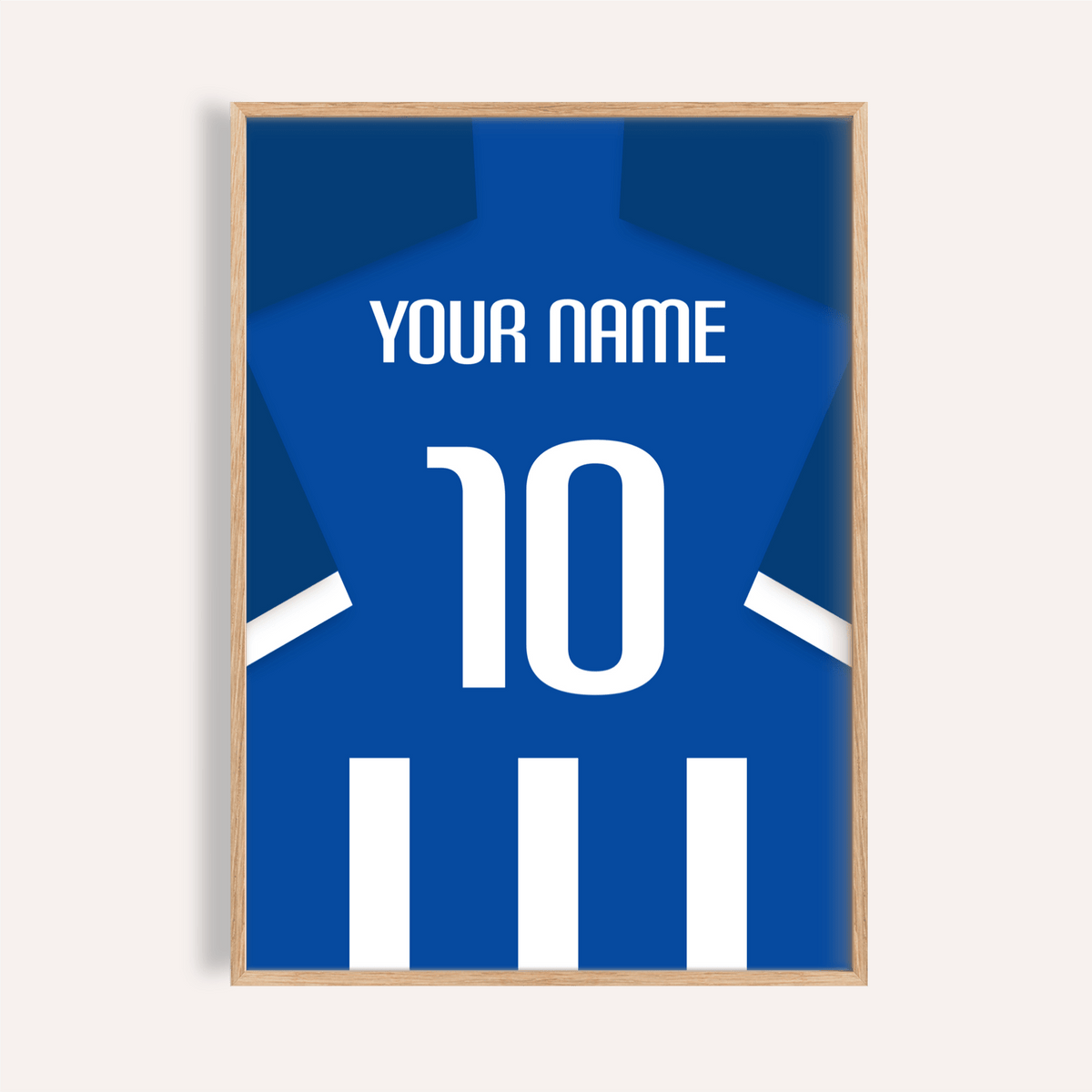 Framed Football Shirt Poster in Blue and White Stripes with White Number showing the back of a blue shirt with white number 10
