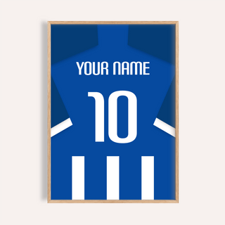 Framed Football Shirt Poster in Blue and White Stripes with White Number showing the back of a blue shirt with white number 10