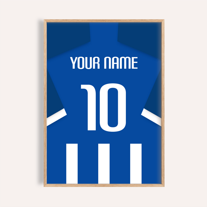 Framed Football Shirt Poster in Blue and White Stripes with White Number showing the back of a blue shirt with white number 10