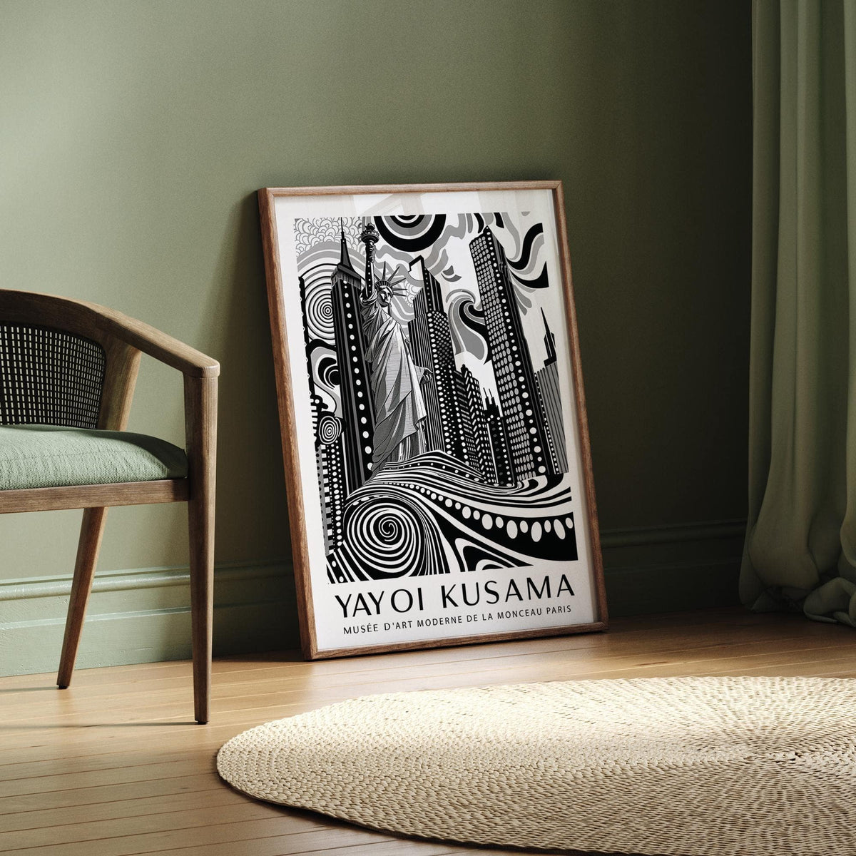 Print leaning on floor of New York Cityscape wall art in black white and grey with near chair and rug